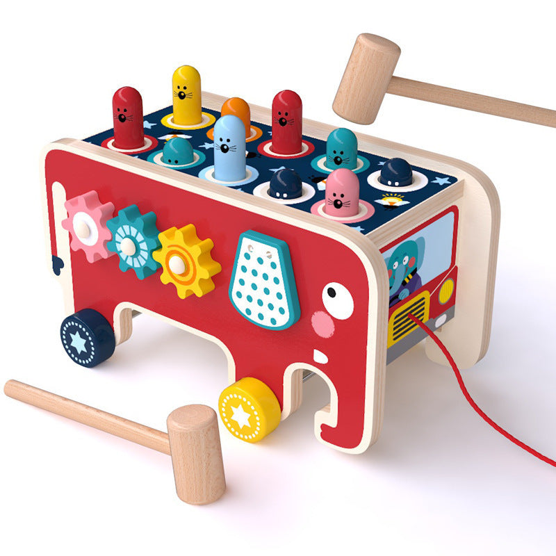 Montessori Toddlers Wooden Pounding Bench, Animal Bus Early Educational Toy